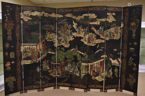 8 Panel Chinese Carved Wood Screen, 19th C.