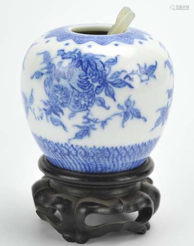 Blue & White Waterpot w/ Jade Scoop & Stand,19th C