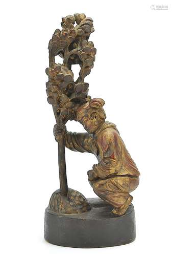 Chinese Carved Wood Gilt Girl w/ Tree