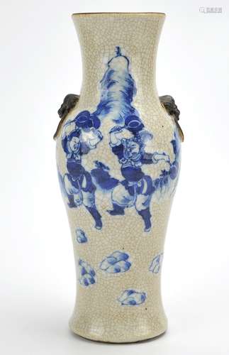 Chinese Ge Glazed Vase w/ B & W Figures,19th C.