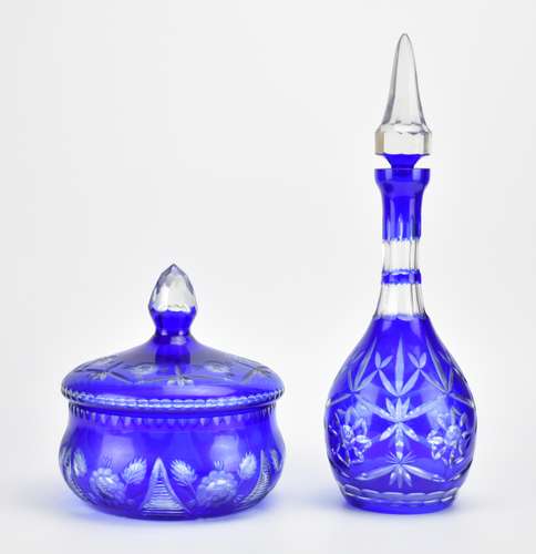 2 Piece Bohemian Etched Cobalt Glass