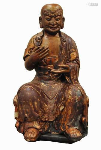 Large Chinese Lacquered Wood Gild Lohan, Ming D.