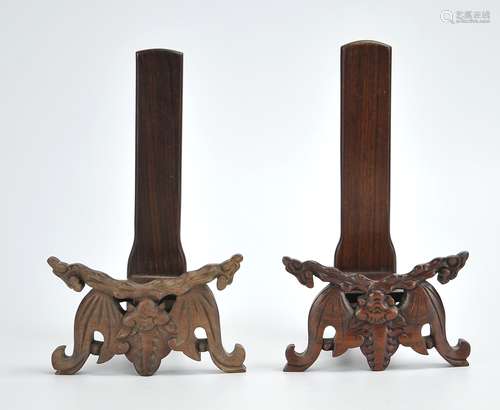 Pair of Carved Rosewoo Dish Stands w/ Bats,19th C.