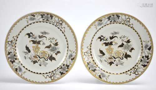 Pair of Gilt Grisaille Floral Plates,18th C.