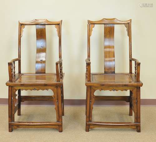 A Pair Of Chinese Elm Wood Armchairs, Late Qing