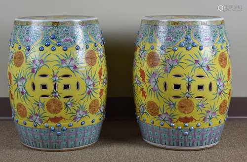 Pair of Yellow Ground Famille Rose Stools,19th C.