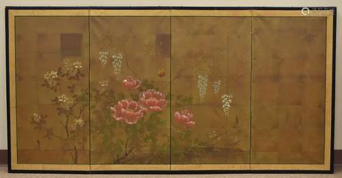 A Four Panel Folding Screen w/ Flowers