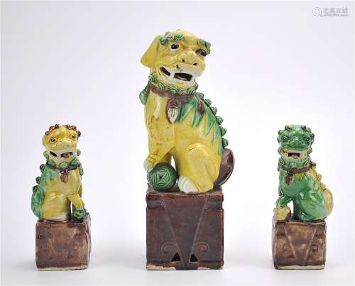3 Chinese Sancai Glazed Foo Dog Statues,20th C.
