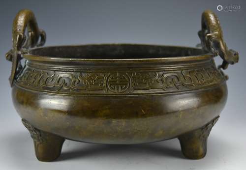 Large Bronze Dragon-Handle Tripod Censer, Qing D.