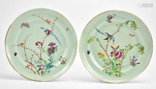 4 Chinese Celadon Famille Rose Plates,19th C.