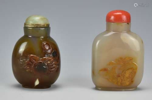 Two Agate Snuff Bottles w/ Foliage & Crab,19th C.