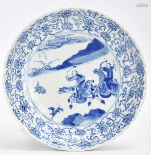 Blue & White Plate w/ Horseback Hunt Scene, Kangxi