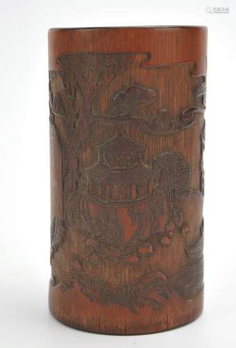 A Carved Bamboo Brushpot w/ River Scene