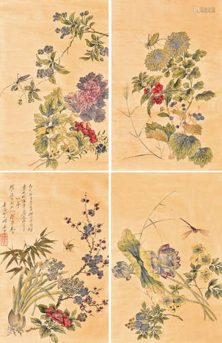 缪嘉惠   花卉四屏