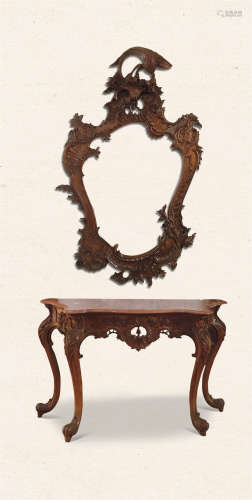 19世纪 法国洛可可胡桃木玄关、镜 （两件）