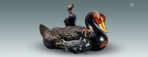 20世纪 彩铜子母鸭供