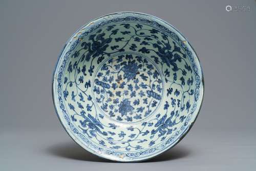 A Chinese blue and white 'peony scroll' bowl, Ming