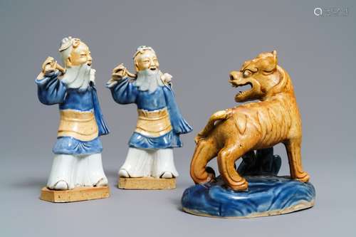 Three Chinese blue and white biscuit figures, Qianlong