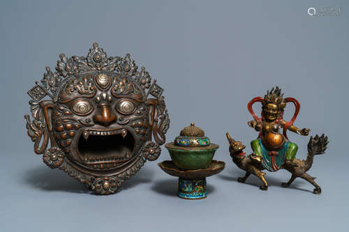 A Tibetan silver-inlaid bronze mask, a figure of Mahakala and a jade bowl on stand, Tibet, 19/20th C.