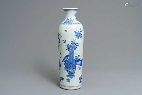 A large Chinese blue and white rouleau vase with flower vases, Transitional period