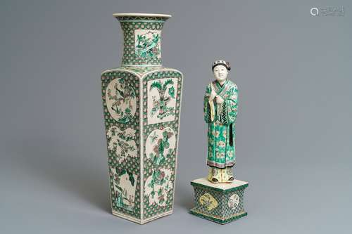 A Chinese verte biscuit figure on stand and a square vase, Kangxi and later