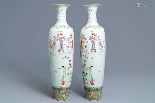A pair of large Chinese famille rose 'immortals and cranes' vases, Republic, 20th C.