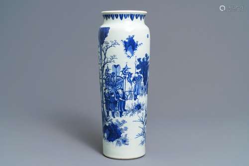 A fine Chinese blue and white sleeve vase with figural design all-round, Transitional period