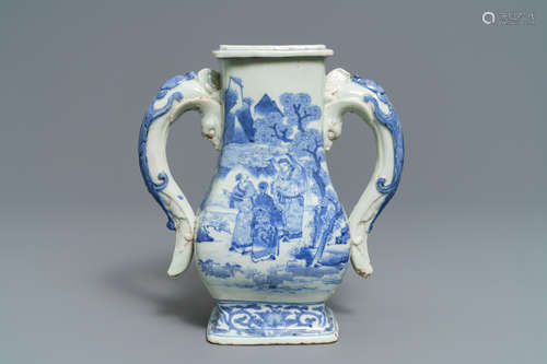 A Chinese blue and white chilong-handled vase, 17/18th C.