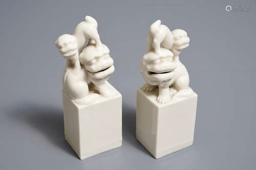 A pair of Chinese Dehua blanc de Chine 'Buddhist lion' seals, Kangxi