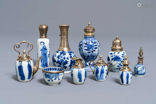 Ten Chinese silver-mounted blue and white miniature vases, Kangxi