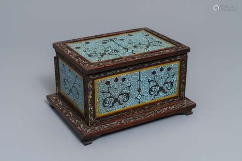 A rectangular Chinese cloisonné and wood box, 19th C.