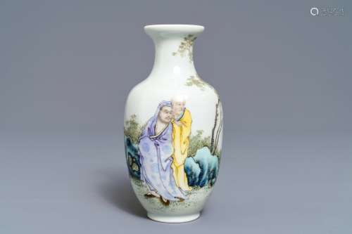 A fine fencai vase with figures in a landscape, Qianlong mark, Republic, 20th C.