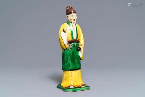 A Chinese verte biscuit figure of a sage, Kangxi