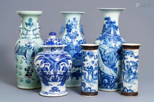 Six Chinese blue and white and famille rose vases, 19th C.