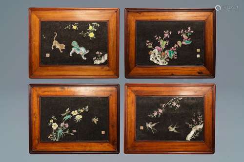 Four Chinese famille rose black gravel-embellished plaques, Qianlong