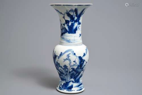 A Chinese blue and white yenyen vase with figures in a landscape, Kangxi