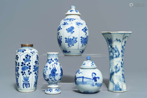 Five Chinese blue and white vases, Kangxi