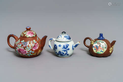 Three miniature Chinese Yixing and blue and white teapots, Kangxi and later