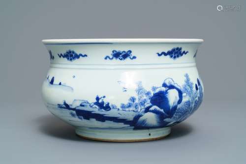 A Chinese blue and white censer with figures in a landscape, Kangxi