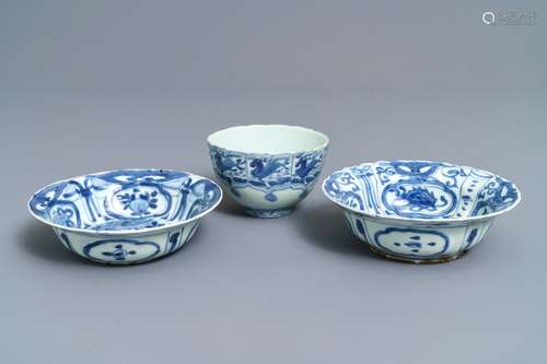 Two Chinese blue and white klapmuts bowls and a 'flaming horse' bowl, Wanli