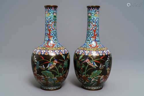 A pair of Chinese cloisonné bottle vases, 19th C.