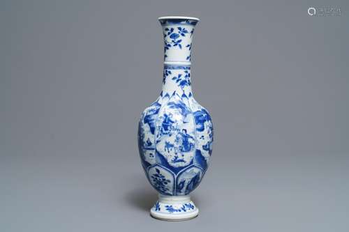 A Chinese blue and white bottle vase with horseriders and landscapes, Kangxi