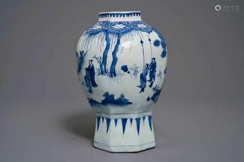 A Chinese blue and white baluster vase with figural design, Transitional period