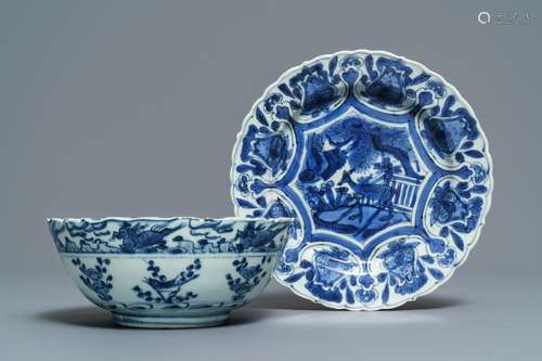 A Chinese blue and white bowl and a kraak porcelain 'deer' plate, Wanli