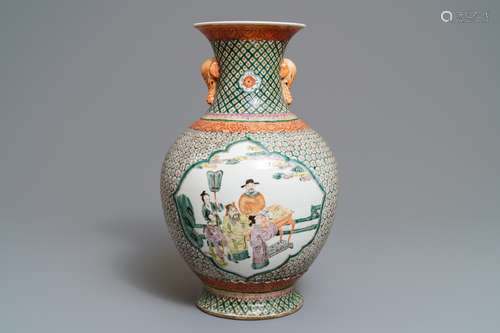 A Chinese famille rose elephant-handle hu vase, Wanli mark, 19th C.