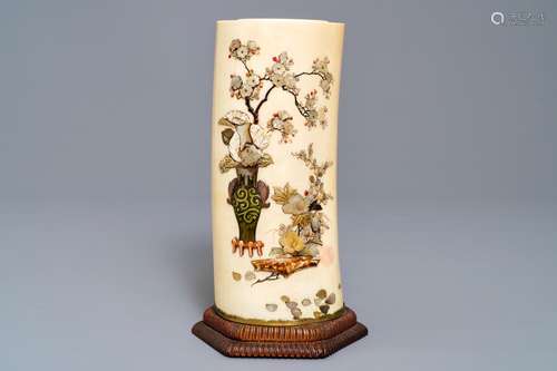 A Japanese Shibayama inlaid ivory brush pot, Meiji, 19th C.