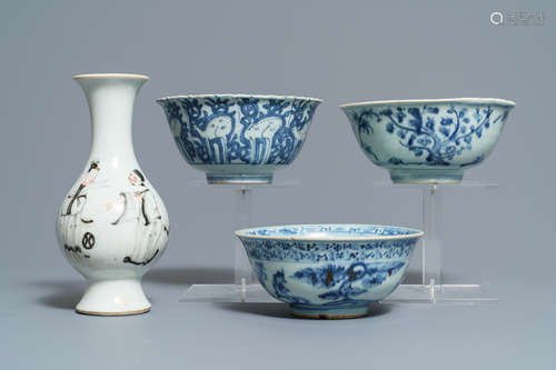 Three Chinese blue and white bowls and a grisaille and iron red vase, Ming and Yongzheng