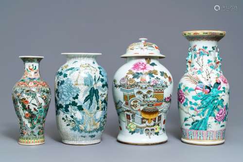 Four Chinese famille rose, verte and qianjiang cai vases, 19/20th C.