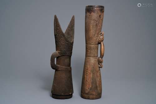 Two wooden drums, Asmat people, Papua New Guinea, 19/20th C.