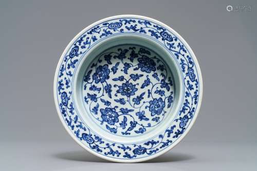 A Chinese blue and white flower scroll basin, Qianlong